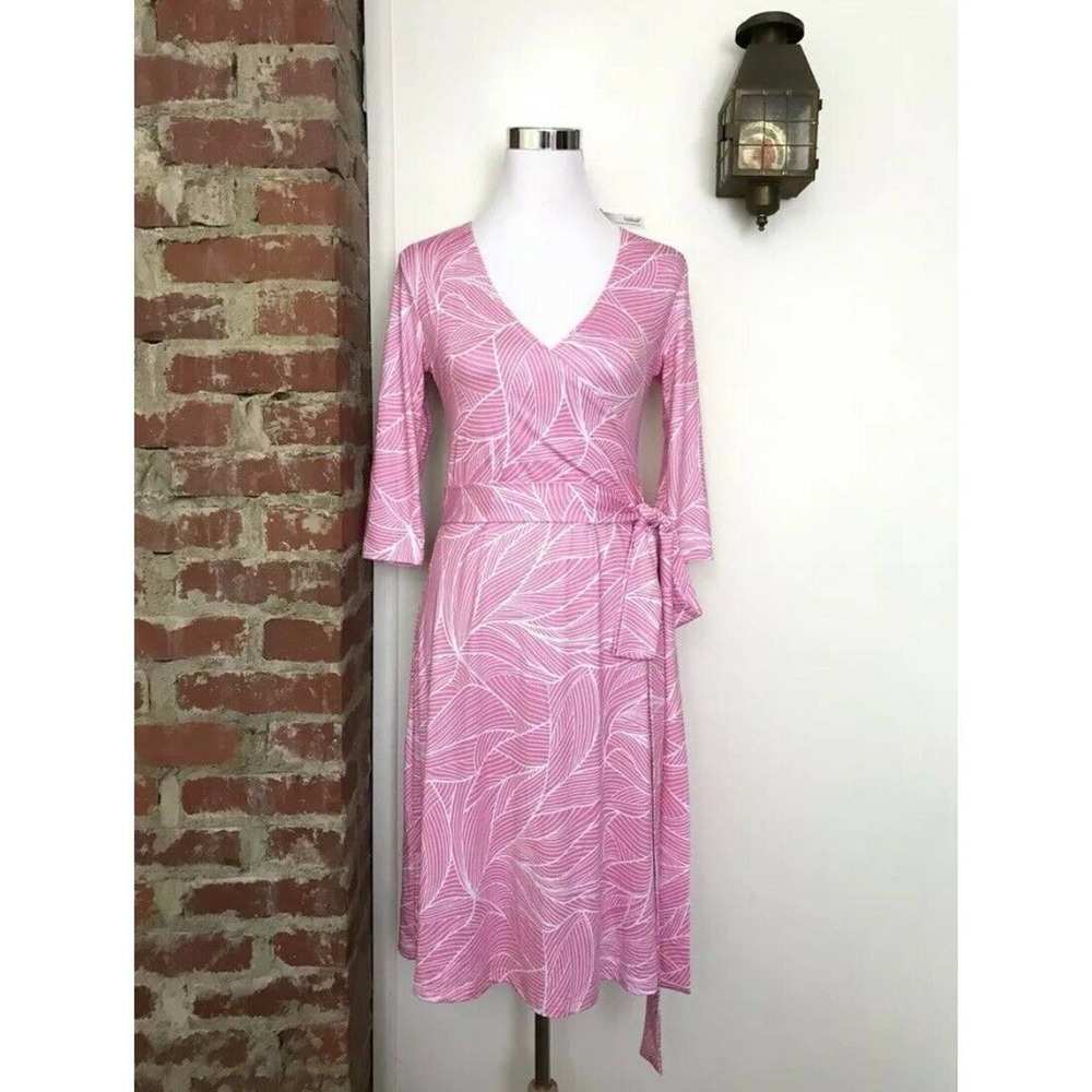 New PattyBoutik Faux‎ Wrap Dress Womens Size S Pink Leaf Geometric Surplice Tie